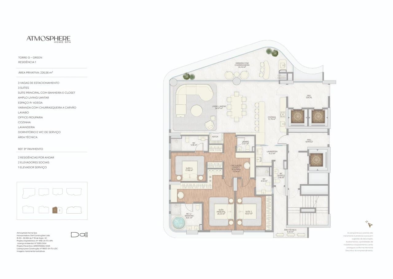 Apartamento de 3 quartos com 3 suítes e 227 m² em Itajaí