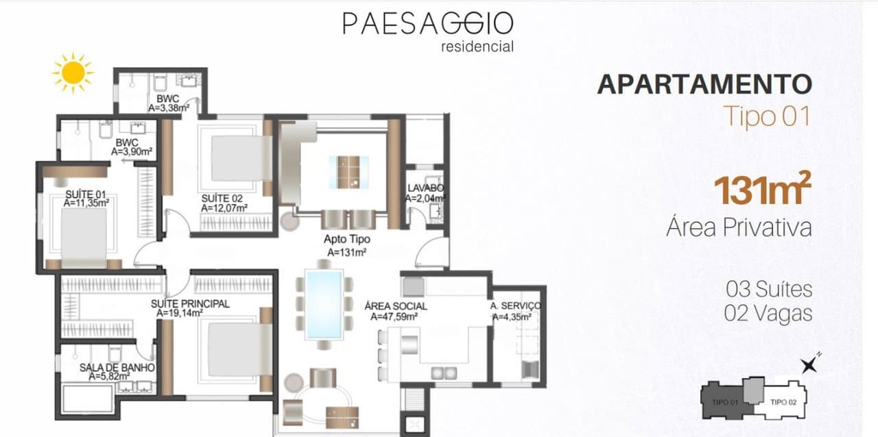 Apartamento de 3 quartos com 3 suítes e 131 m² em Bal. Camboriú