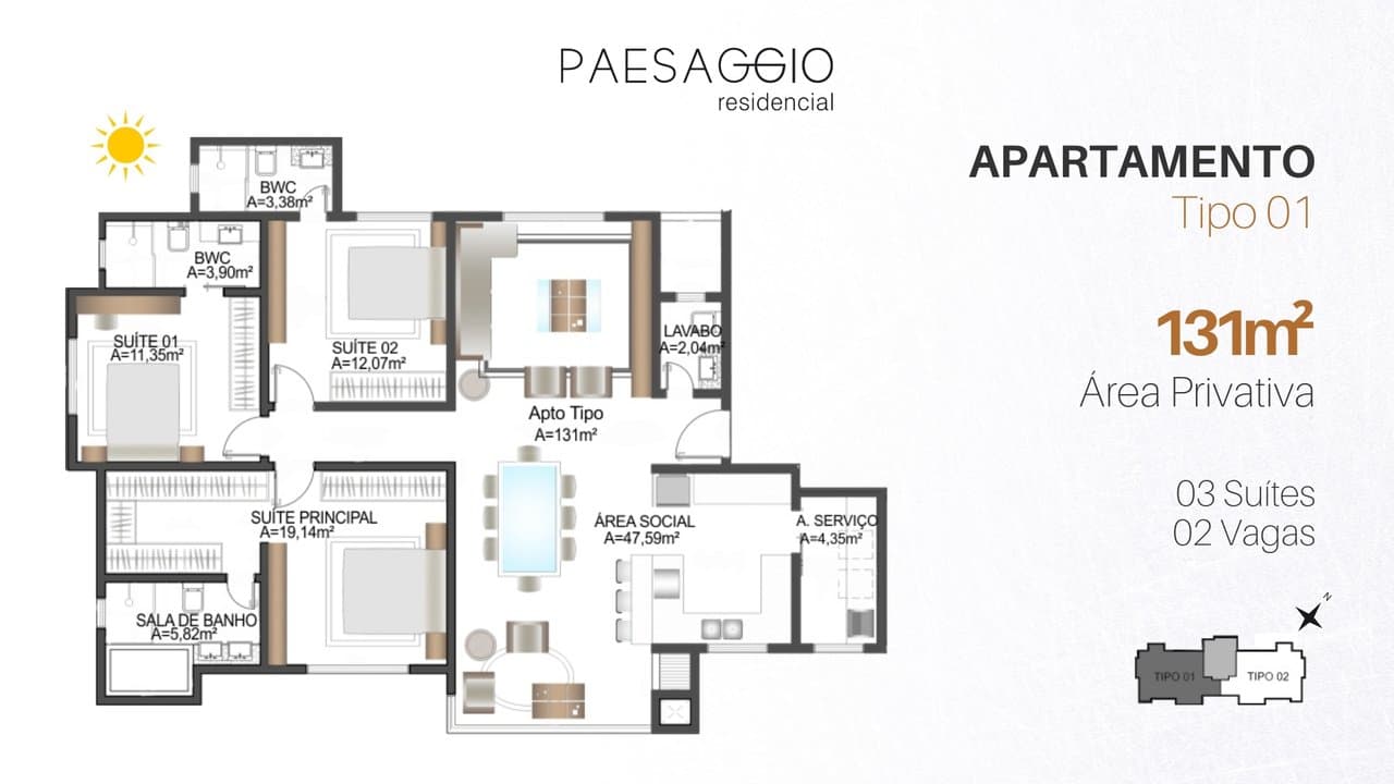 Apartamento de 3 quartos com 3 suítes e 131 m² em Bal. Camboriú