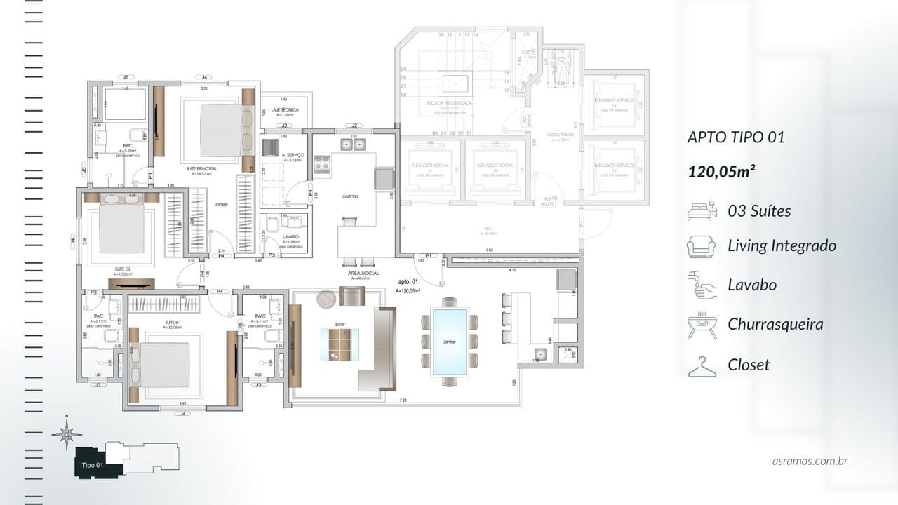 Apartamento de 3 quartos com 3 suítes e 120 m² em Bal. Camboriú